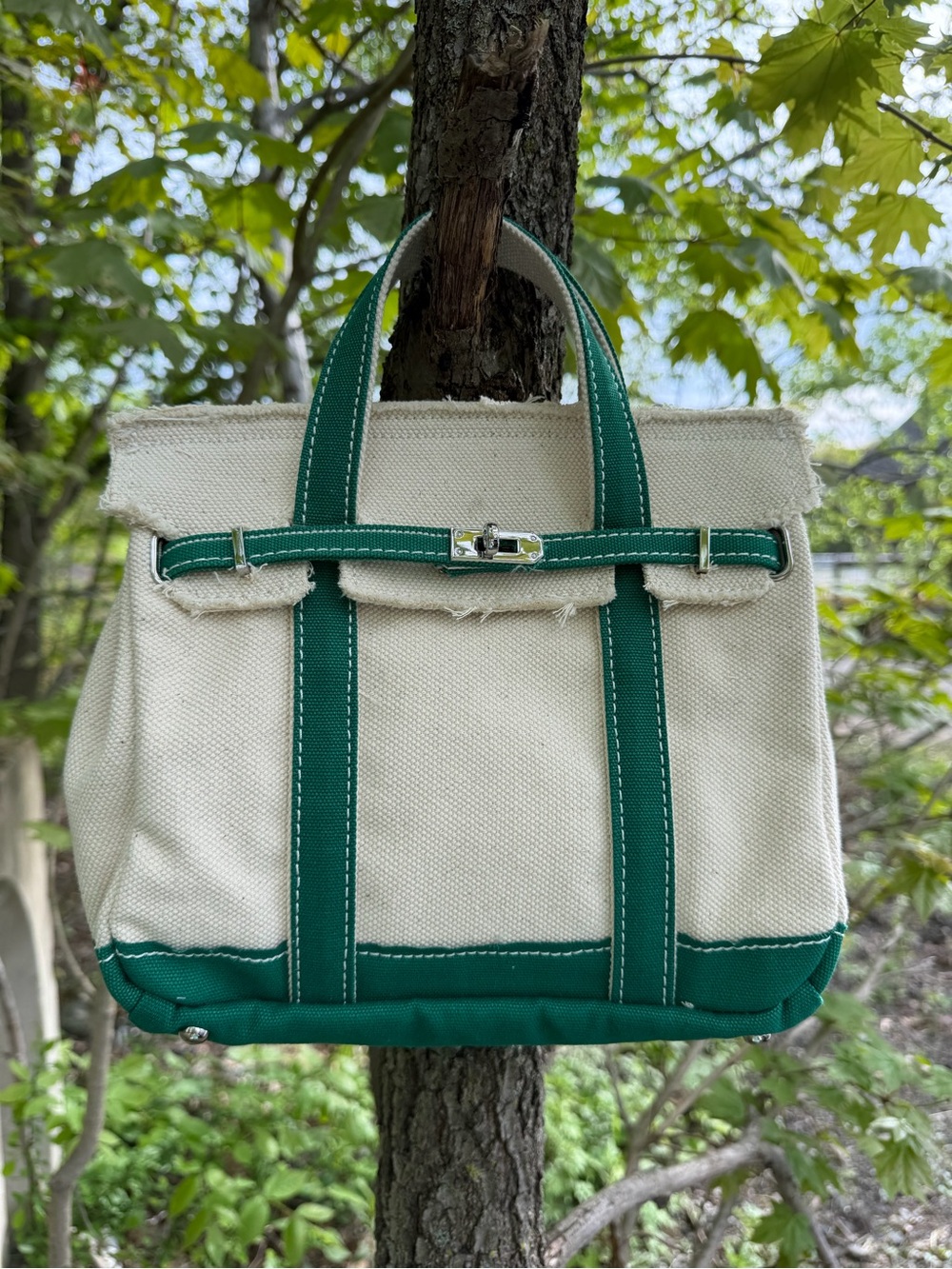 Mini Boatkin viral canvas bag cream and emerald green